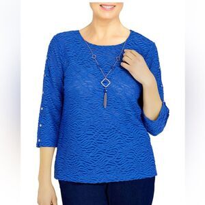ALFRED DUNNER Blue Plus Sz 3X Textured Stretchy Removeable Mock Necklace Shirt